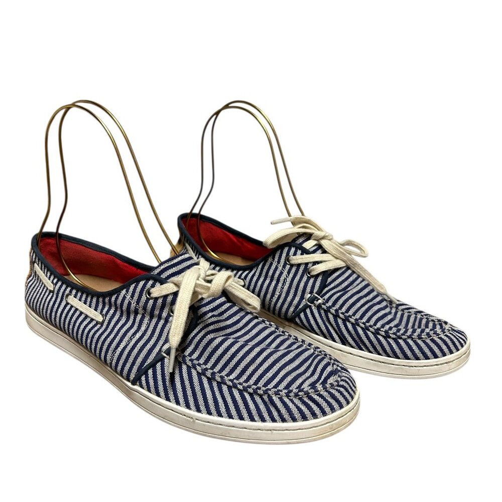 Toms Mens Culver Fabric Boat Shoe Size 9 1/2 Blue Stripe Tie Closed Toe